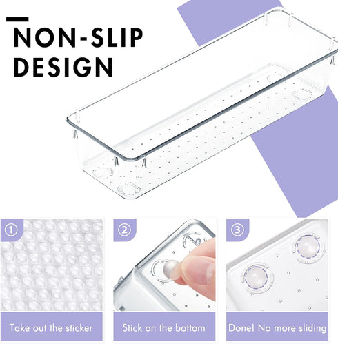 HOUSE DAY 8 PCS Desk Drawer Organizer Bins, 9*3*2" Clear Organizers with Silicone Pads for Makeup, Kitchen, Office