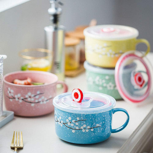 VanEnjoy 30oz Ceramic Bowl Set with Lid & Handle, Cherry Blossoms Among Snow Flake Pattern, Microwave Safe