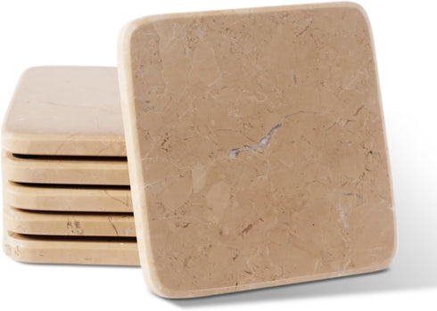Set 6 3.9" inches Koville of Natural Marble Coasters for Coffee Table with Holder, Beige Yellow Marble Coaster Square