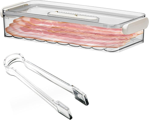 BigKing Bacon Container with Tongs, BPA Free Refrigerator Lunch Meat Keeper, Airtight Fridge Organizer with Lids