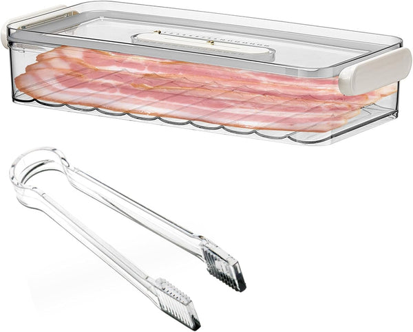 BigKing Bacon Container with Tongs, BPA Free Refrigerator Lunch Meat Keeper, Airtight Fridge Organizer with Lids