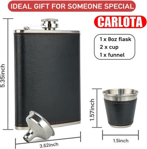 Hip Flask Gift Set, 8 Oz Hip Flasks for Liquor with Black Leather Cover, 18/8 Stainless Steel, 2 Cups & Funnel, Gift Box
