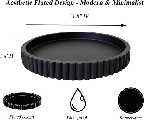 Concrete Decorative Tray for Coffee Table Tray Decor - Charcoal Black Round Decorative Tray - Circle Fluted Centerpiece