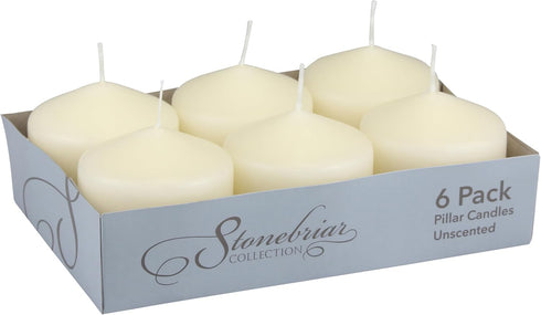 Stonebriar 6 Pack Tall 3 x 3 Inch 18 Hour Long Burning Unscented Ivory Wax Pillar Candles