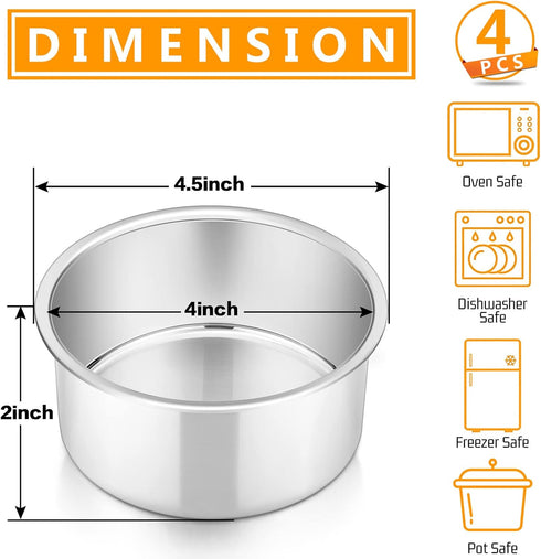 P&P CHEF Set of 4 Cake Pans, Stainless Steel Round Baking Tins for Birthday Wedding, Leak-proof & Easy Clean, 4 Inch.