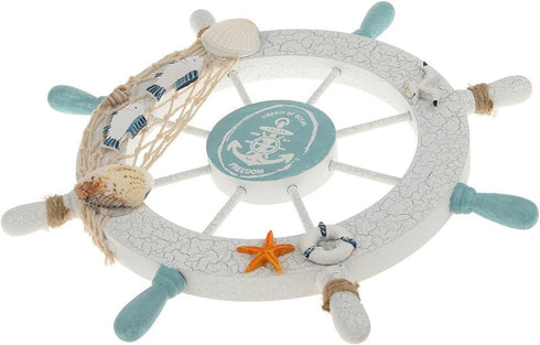 Nautical Beach Wooden Boat Ship Steering Wheel - Fishing Net Shell Fish Home Wall Décor (11" Diameter)