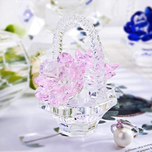 H&D HYALINE & DORA Glass Rose Flower Gift, Handcraft Pink Crystal Rose Flower Basket Figurine for Women
