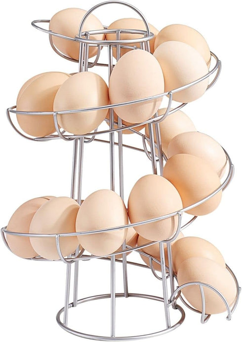 Flexzion Egg Skelter, Modern Spiral Countertop Egg Holder for Fresh Eggs, Freestanding Storage Rack, Silver