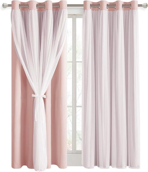 Grommet 52" 84", 2 DWCN Layered Curtains Blackout and Sheer Curtains with Tiebacks Top Window Curtain Panels for Living