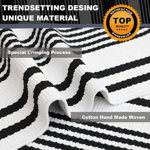 Black and White Striped Outdoor Rug, 27.5"x43", Hand Woven Cotton Washable Doormat