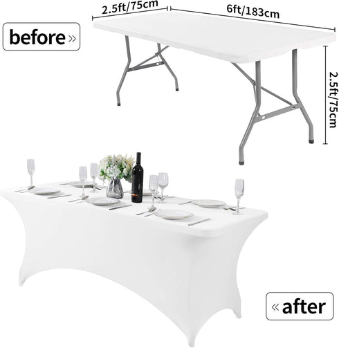 Spandex Table Cover for 6Ft, 4Ft, or 8ft Table, Universal Fitted Stretch Tablecloth for Party and Events, White
