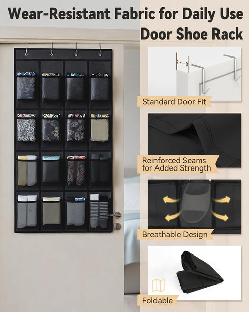 16 Closet 4 dodowin Over the Door Shoe Organizer Rack, Large Breathable Mesh Pockets, Foldable Hanging Storage Holder