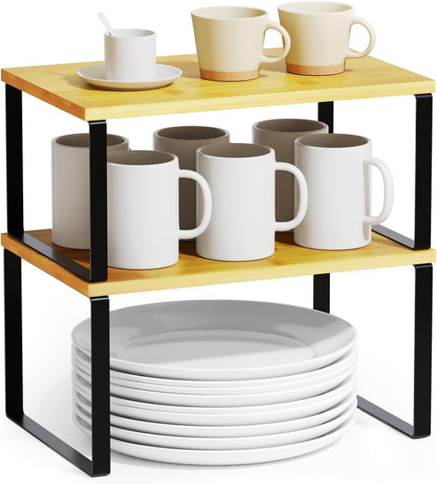 SpaceAid Cabinet Shelf Organizers, 2 Pack Kitchen Counter Rack Shelves Riser, Expandable Spice Rack (Black and Natural)