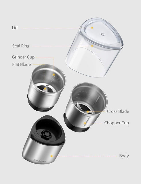2 SHARDOR Electric Coffee Grinder Herb Blade Grinder Spices Grinder with Removable Stainless Steel Bowls, Silver