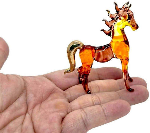 Tiny 2½" Long Brown Gold Standing Horse Figurine, Miniature Hand Blown Painted Glass