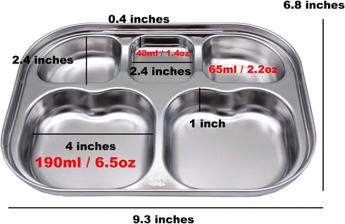 Korean Stainless Steel Divided Plates by KS&E, BPA Free, 5 Compartment Plate Silver, Set of 2