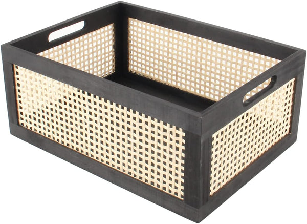 Black Wooden Rattan Storage Basket for Organizing, 14.96"x11.02"x6.30"