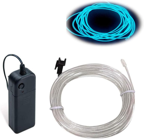 MaxLax 16.4ft/5m Pack 360 EL Wire Ice Blue, Portable Battery Neon Light Strip Cuttable Glowing Rope Lights for Parties