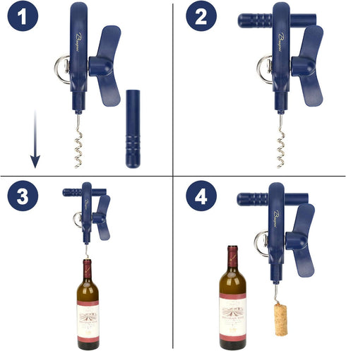 Home Kitchen Safety Bottle Jar Wine Manual Can Opener, 4-in-1 Gadget with Corkscrew, Blue