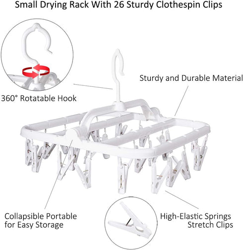 Foldable Clip Hangers with 26 Drying Clips, Plastic Laundry Clip and Drip Drying Hanger for Socks, Bras, White