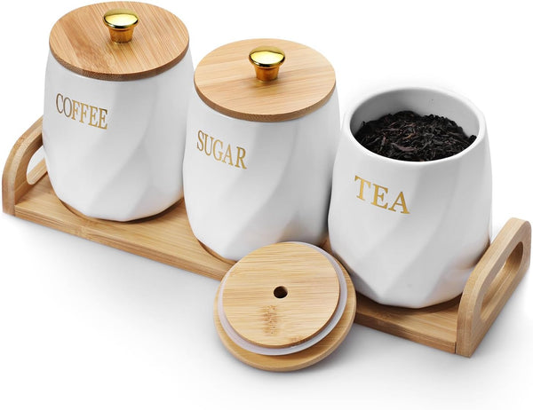 OGANAZI 3 Pack Ceramic Canister Set with Bamboo Lids and Handle Tray, Coffee