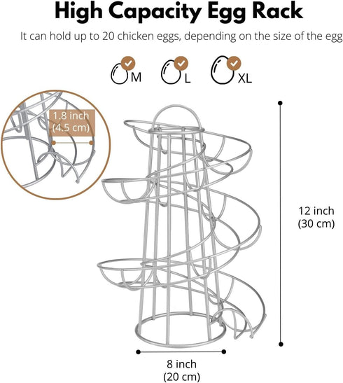 Flexzion Egg Skelter, Modern Spiral Countertop Egg Holder for Fresh Eggs, Freestanding Storage Rack, Silver