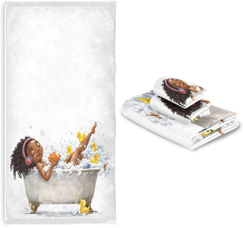 Sets, 3-Piece 1 1 1 Set 3 ALAZA Towel Bathroom African Girl On Bath with Music Yellow Duck Towels Bath Towel Washcloth