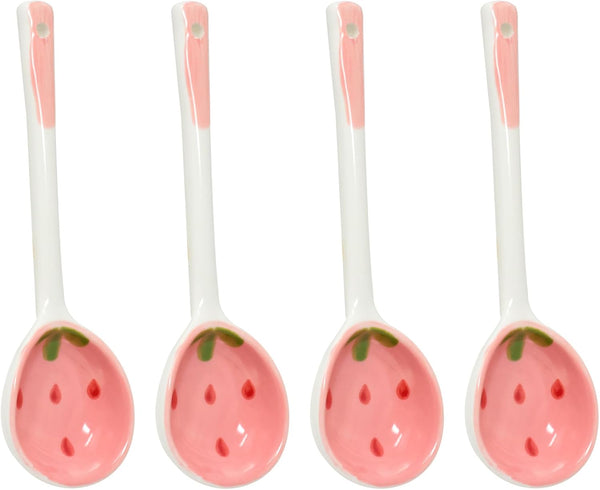 Honbay 4PCS Long Handle Ceramic Soup Spoons, Strawberry Pattern Tablespoons for Breakfast, Cereal, Rice, Yogurt