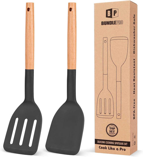 Pack of 2 Silicone Cooking Spatula - Heat Resistant Solid Turner, Non Stick Slotted with Wooden Handle, Ideal Utensils