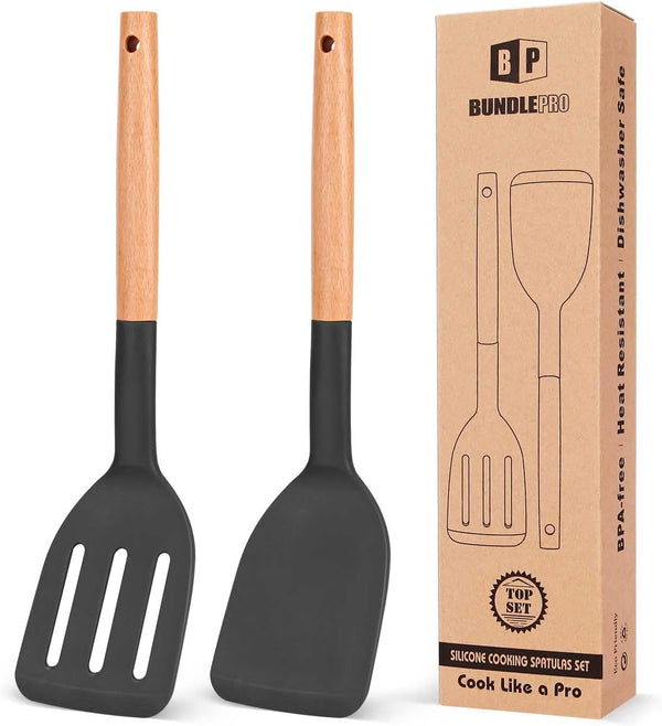 Pack of 2 Silicone Cooking Spatula - Heat Resistant Solid Turner, Non Stick Slotted with Wooden Handle, Ideal Utensils