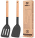Pack of 2 Silicone Cooking Spatula - Heat Resistant Solid Turner, Non Stick Slotted with Wooden Handle, Ideal Utensils