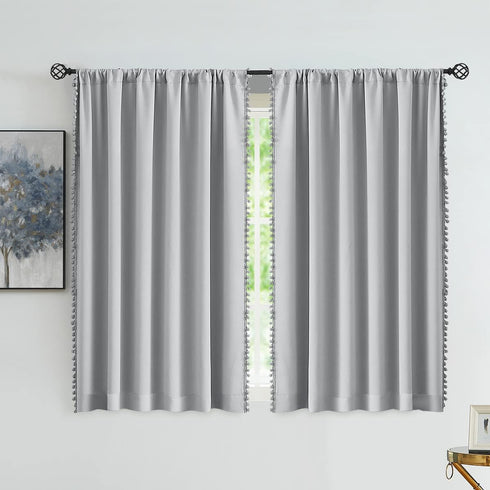 Pompom Full Blackout Curtains, Grey Window Curtains for Basement, 54 inches Thermal Insulated Room Darkening Drapes