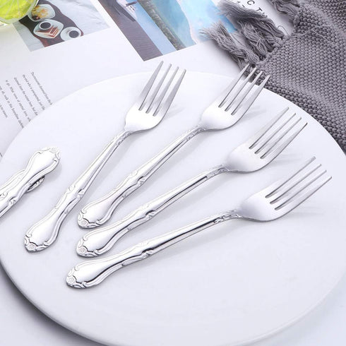 12-Piece Stainless Steel Dinner Fork Set, 7.3-inch Classic Flatware Silverware with Flower Edge - Silver