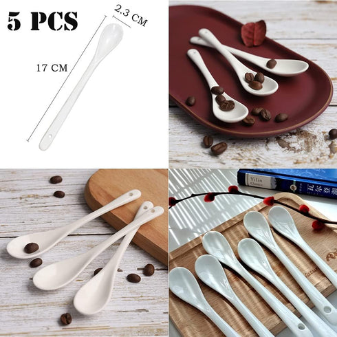 AKOAK 6.7" Ceramic Egg Spoon Set of 5 - White Long-Handled Teaspoon for Coffee, Tea, Yogurt, Ice Cream