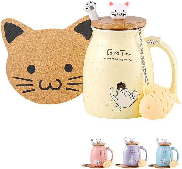 BigNoseDeer Ceramic Tea Cup with Infuser and Lid, Kawaii Cat Mug, Cute Gifts for Women, Girls (13oz)