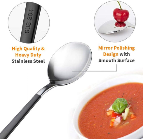 4-Piece Stainless Steel Dinner Spoons with Round Edge, 8 inches Comfort Long Handle Table Spoon, Mirror Polished Flatware Utensils Dishwasher Safe, for Home Kitchen Restaurant (4 black)