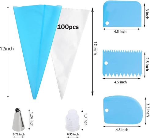 Piping Bags Pastry Bag Set - 100PCS Disposable Cake Decorating Bags with 14 Frosting Tips and 2 Couplers