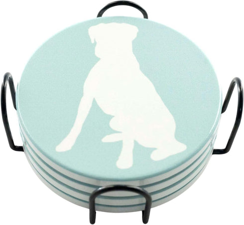 Greenline Goods Boxer Lovers Ceramic Drink Coasters, Set of 4 Dog Coasters with Cork Bottom and Metal Stand