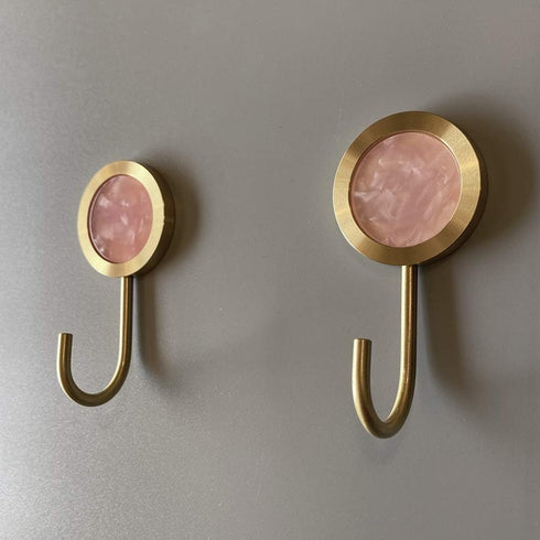 Solid Brass Decorative Wall Hook, Self-Adhesive Hole Free Wall Mount, Shining Gold Fancy Hook (Blossom Pink, Pack of 2)