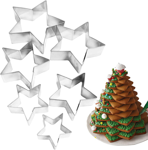 6 Pieces Star Cookie Cutters, 3D Christmas Tree Cookie Cutter Set, Assorted Sizes for Fondant Decorations