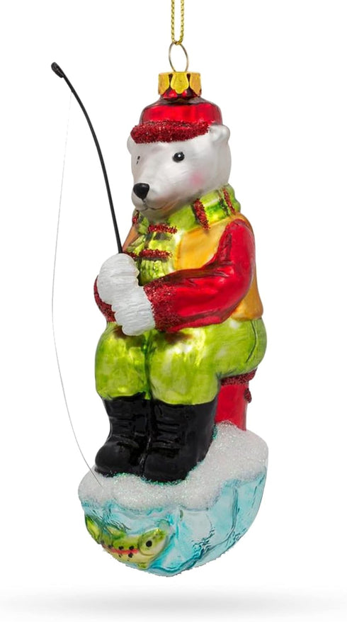 Polar Bear Ice Fishing Blown Glass Christmas Ornament
