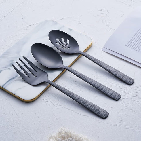 Matte Black Serving Utensil Set, 9.5-inch Stainless Steel Large Serving Spoon and Fork with Satin Finish