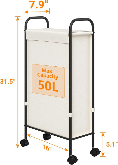 ELYKEN Slim Laundry Hamper with Lid - 50L Small Rolling Laundry Basket on Wheels for Small Bathroom, Creamy