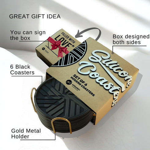 Angardy Homeware Set 6 Silicone Coasters of with Gold Holder - Smart and Modern Design That Holds Your Drinks