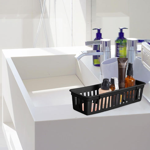 Domensi 12 Pack Black Slim Plastic Storage Baskets Tray for Organizing Small Classroom Storage, Stackable Drawer Pencil