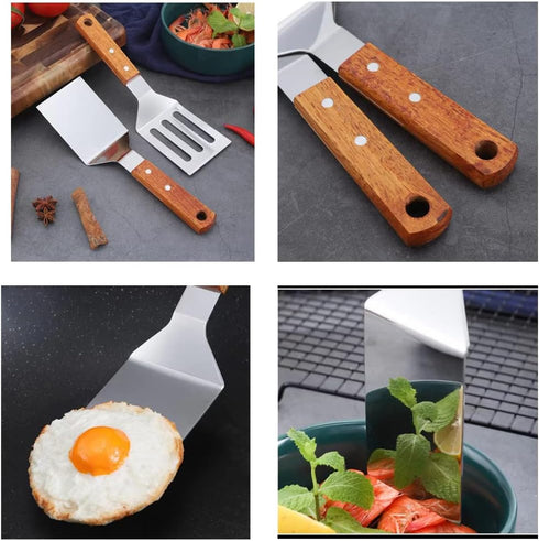 2 PCS Metal Spatula for Cast Iron Skillet, Stainless Steel Slotted Turner with Wood Handle, Flat Top Grill Spatulas