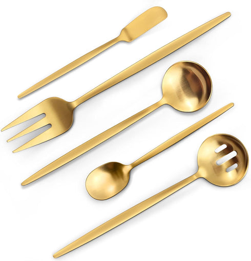 Matte Gold 5-Piece Serving Silverware Set, Round Shared Utensils Set of Stainless Steel, Hostess Flatware, Dishwasher