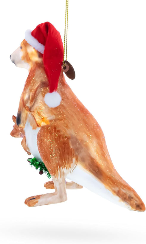 Santa Kangaroo Mom Carrying Baby in Pouch Blown Glass Ornament, Christmas Decoration