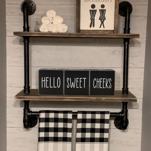 Farmhouse Bathroom Decor, Cute Funny Wooden Signs for Shelf, Rustic Black Bathroom Decor, 4 Sides