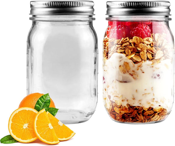 Showvigor 2 Pack Regular Mouth Mason Jars 16oz Glass Canning Jars with